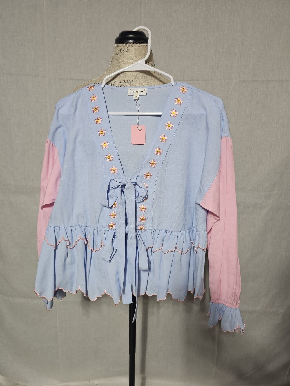Light Blue & Pink Tie-Front Ruffle Tunic